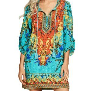 Turquoise Bohemian Ethnic Printed Shift Dress NWOT